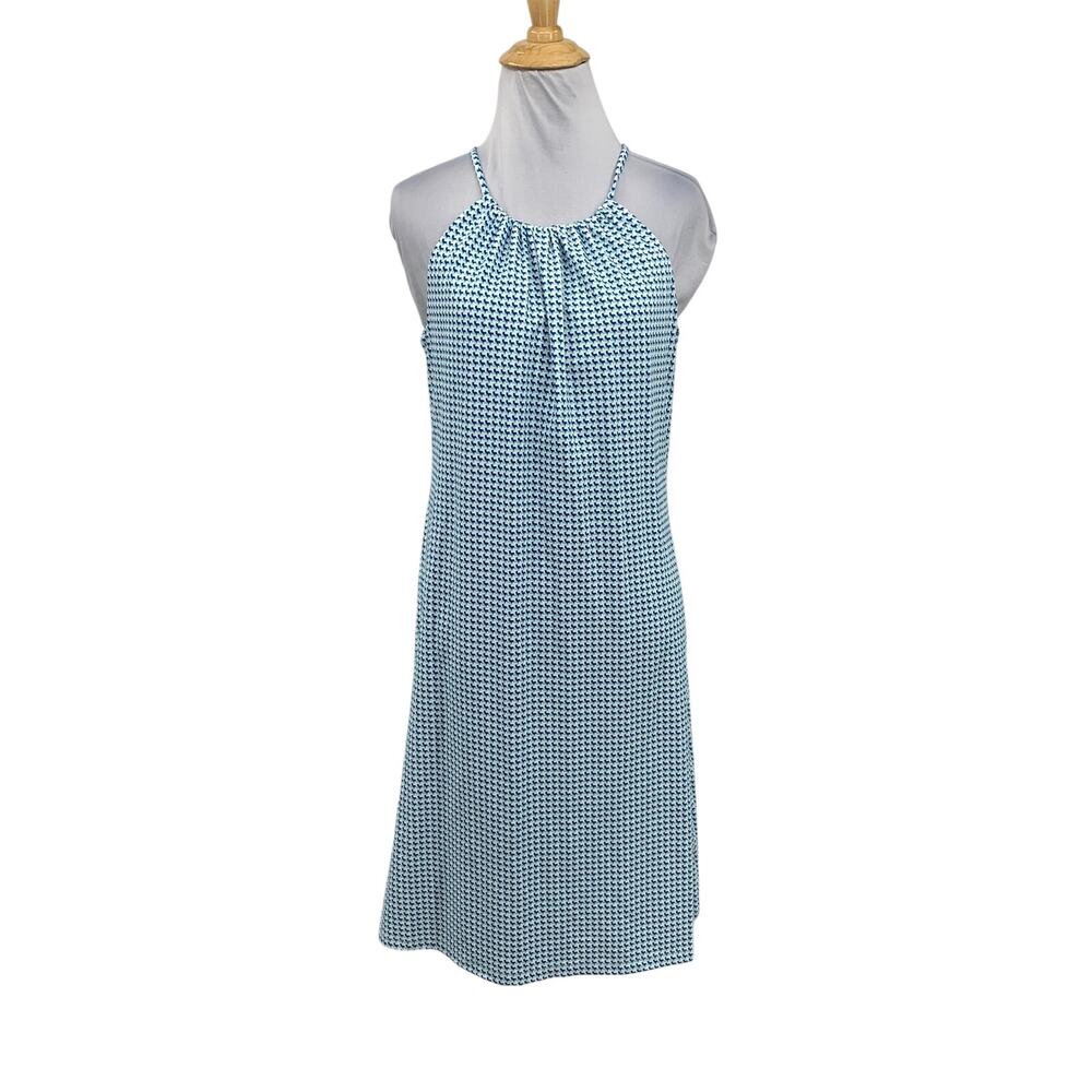 J McLaughlin Dress Women M Medium White Blue Maria Halter Shelf Bra Back Tie
